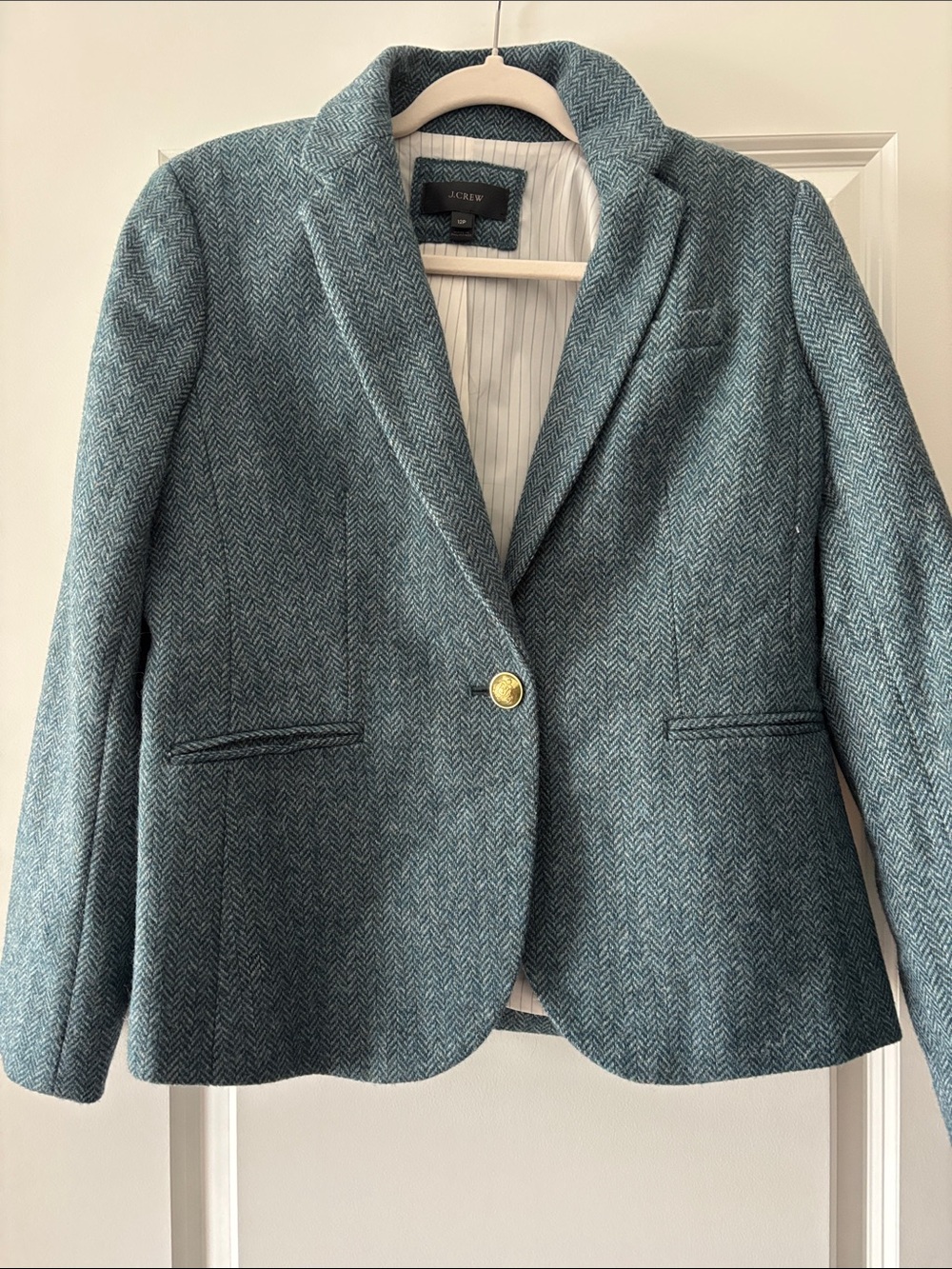 J. Crew Teal Herringbone Wool-Blend Single-Button Blazer